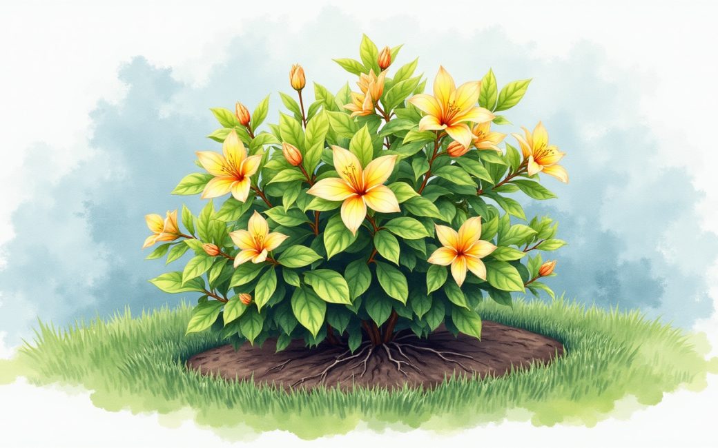 Azalea with pale yellow leaves and green veins, stunted growth near a grassy lawn