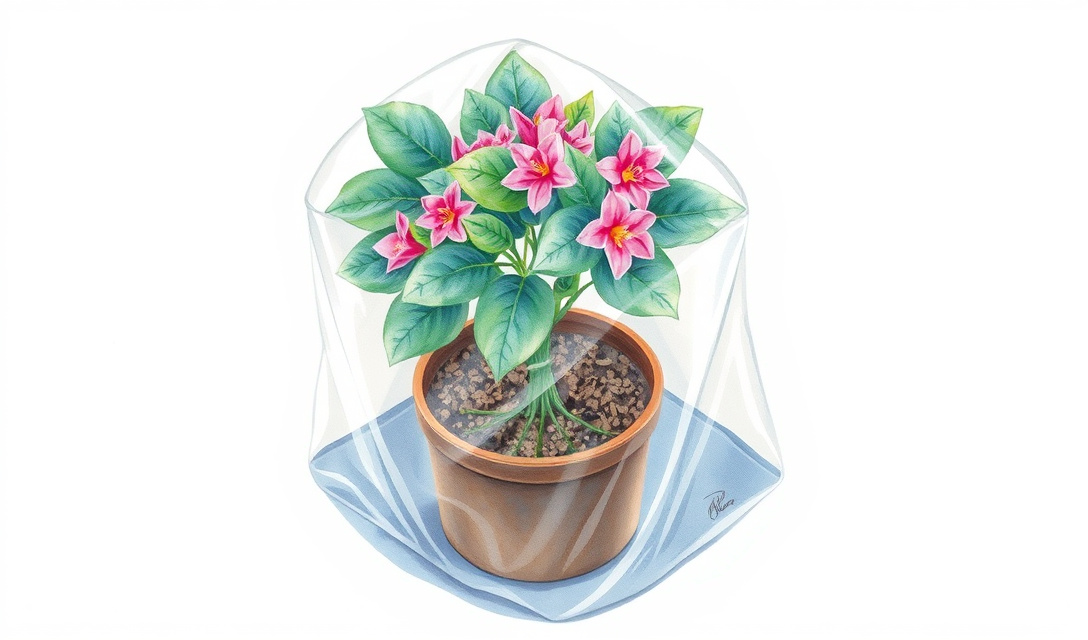 Azalea cutting in pot covered with clear plastic humidity dome