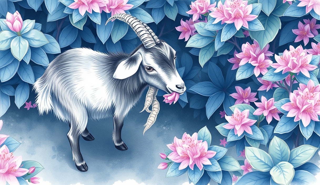 Goat grazing on rhododendron foliage in a garden setting