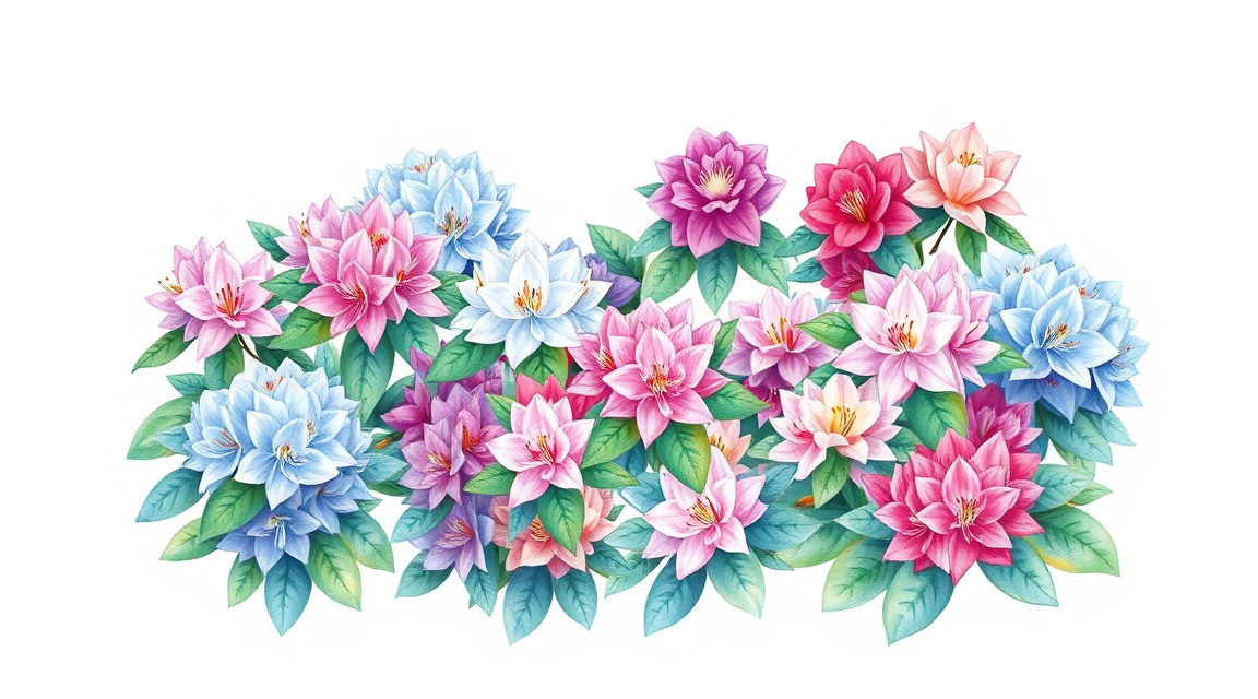 Several rhododendron varieties with different colored flowers and growth sizes