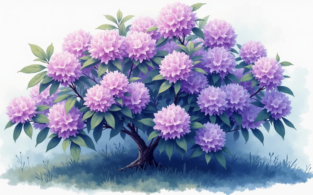 Rhododendron shrub with vibrant purple-pink flower clusters and healthy green leaves in partial shade