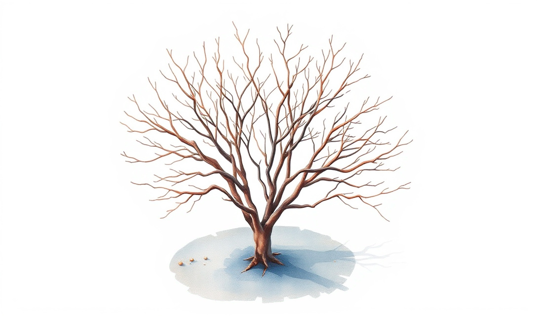 A leafless deciduous azalea shrub in its dormant winter state before spring regrowth.