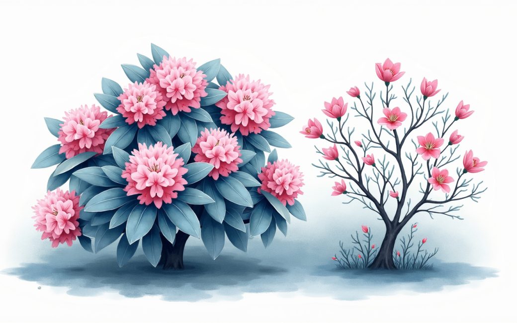 Two flowering shrubs side by side showing the key differences between rhododendron and azalea foliage and flower arrangement.