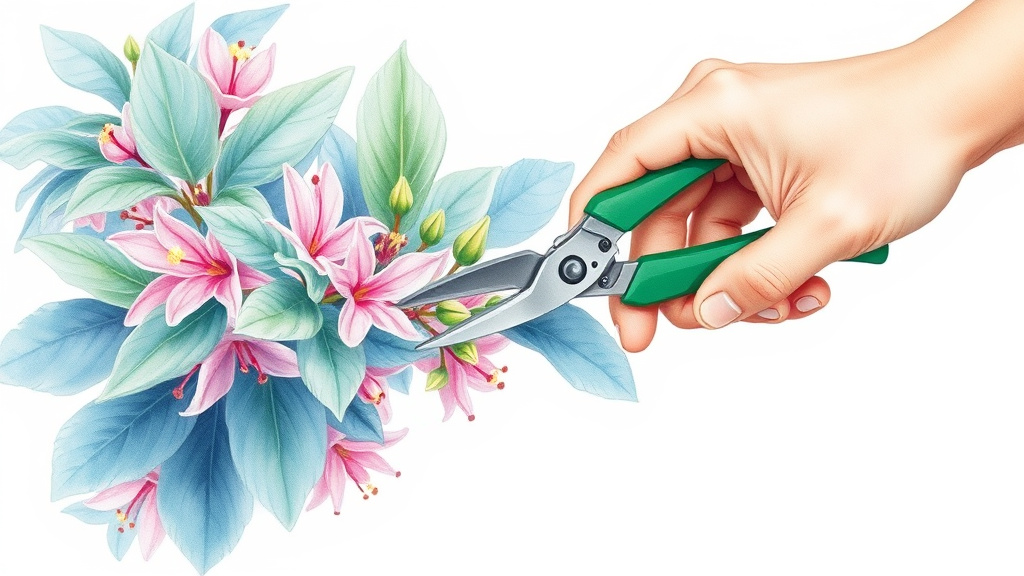 Pruners cutting fresh green azalea shoot from a healthy plant